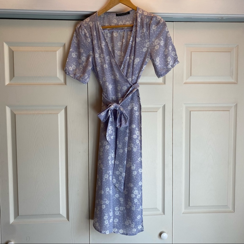 French Lavender flower wrap dress with ribbon